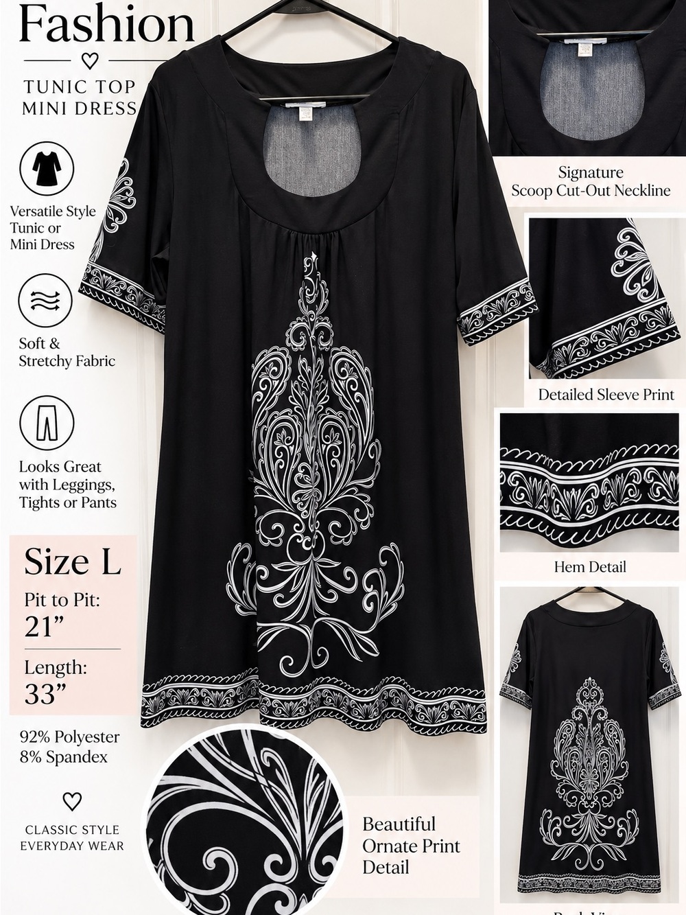 Forever Fashion Women’s L Black White Scroll Print Cutout Neck Tunic Top 33” L